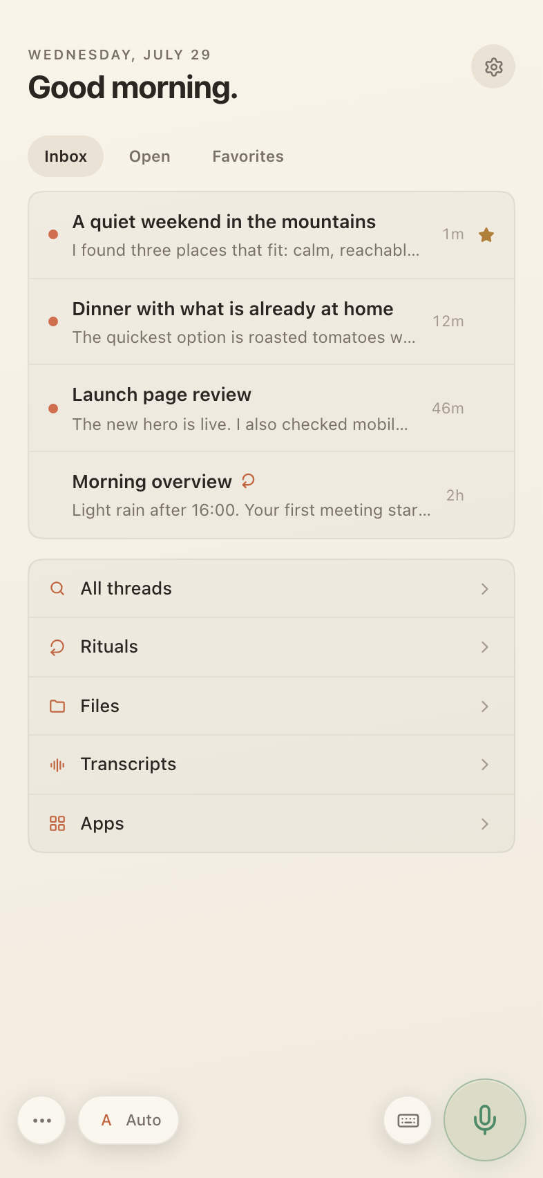 Clavus home showing active conversations, rituals, files and apps