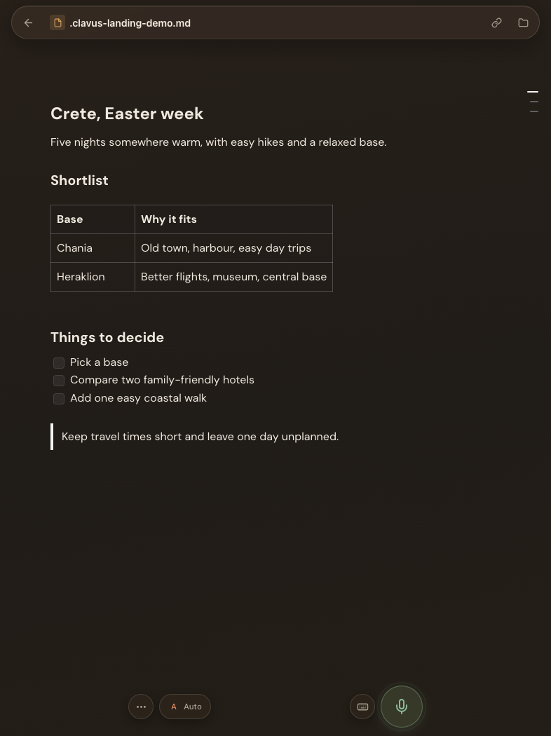 The real Clavus Markdown editor with a safe demo travel note